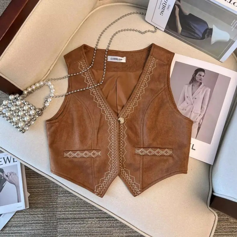Vintage Fashion Autumn Women V-Neck Embroidery Button Casual Ethnic Style Sleeveless Loose Cardigan Short Cowboy Coats Vest Tops 250320