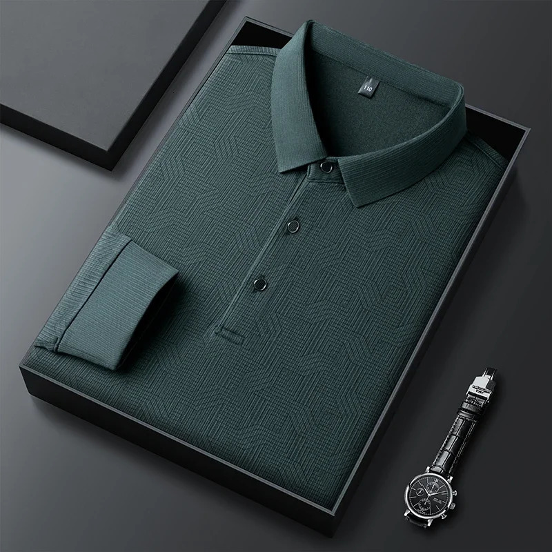 mens business casual long sleeved shirt with badge solid color polo fashionable breathable and comfortable lapel top y250326