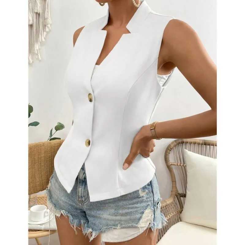 Womens solid V-neck ultra-thin vest single chest European style commuting elegant womens fashion jacket for spring and summer M250326