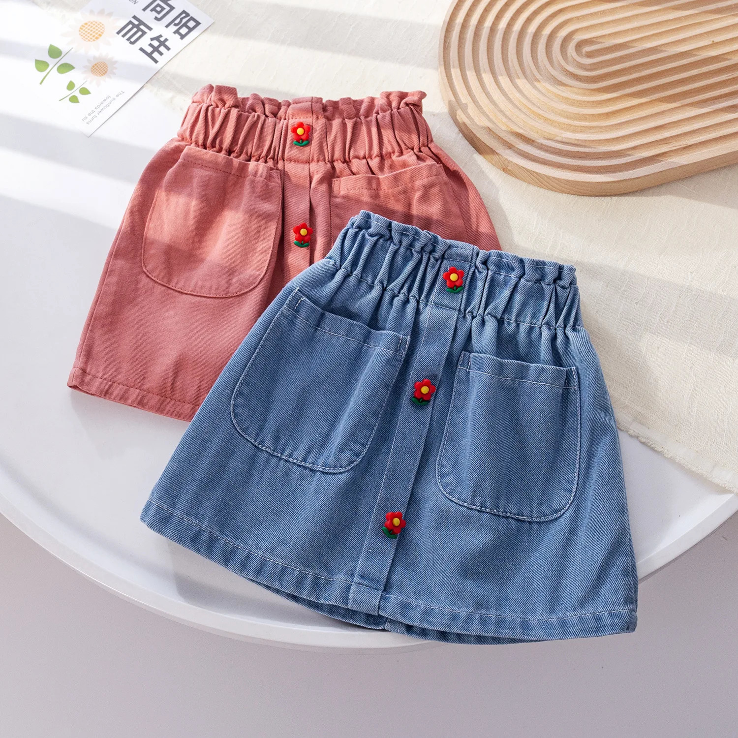 Autumn Girls A-Line Denim Skirt Spring Clothes Baby Flower Button Denim Skirt Summer All-Match ChildrenS Princess Short Skirt 250326