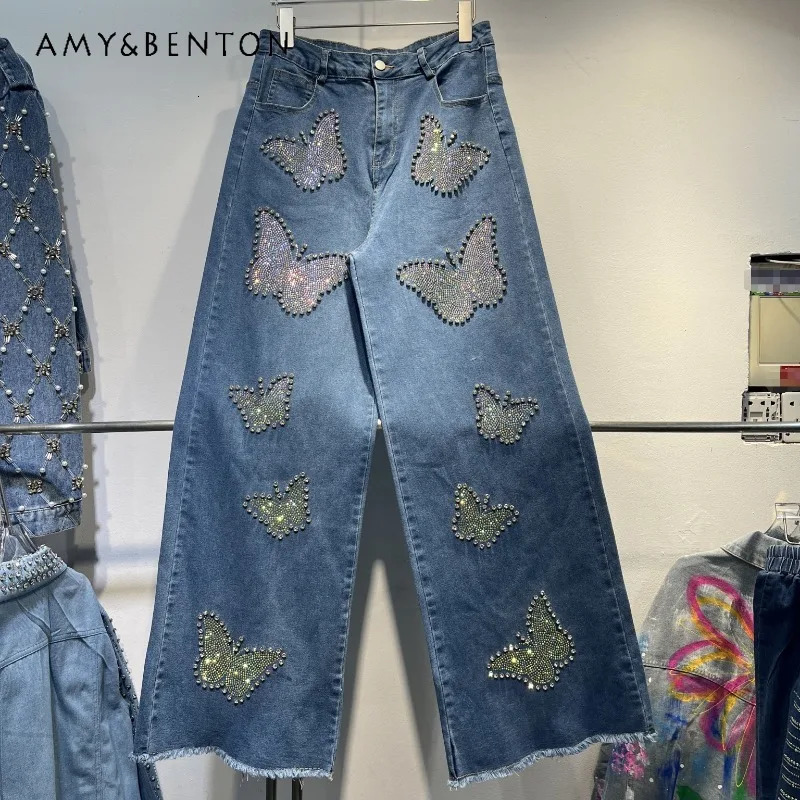 Heavy Industry European Style Beaded Diamond Bow Wide Leg Casual Jeans 2025 Early Spring Cool Black Dress 250317