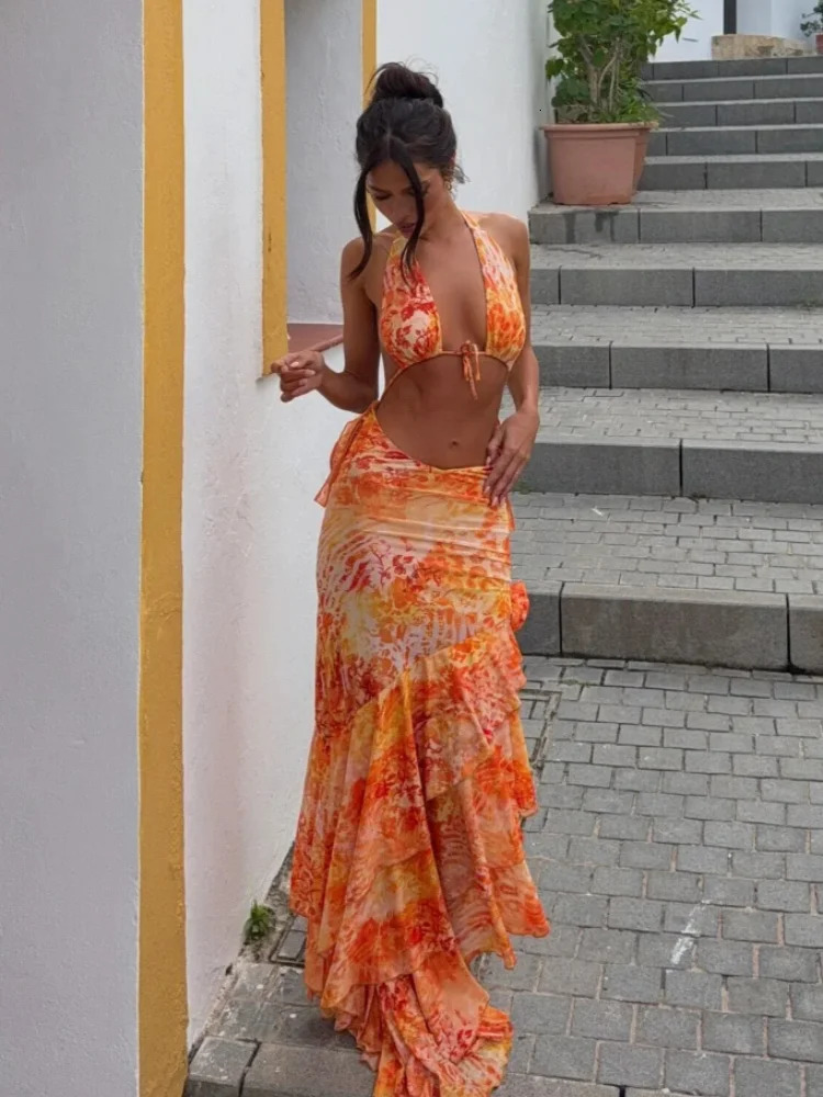 Sexy Printing Bikini Set With Cover Up Swimsuit Fashion High Waist Ruffles Hem Skirts Sets Summer Ladies Beach Outfits 250321