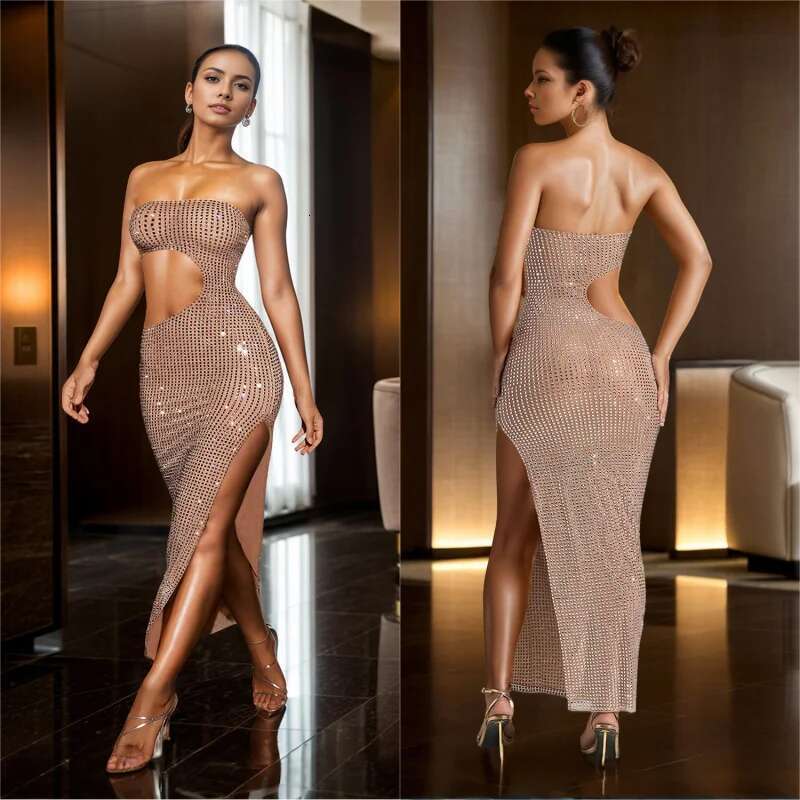 Dongdumaoyi Mode DAMES Lange Jurk Met Strass Split Nieuwe C
