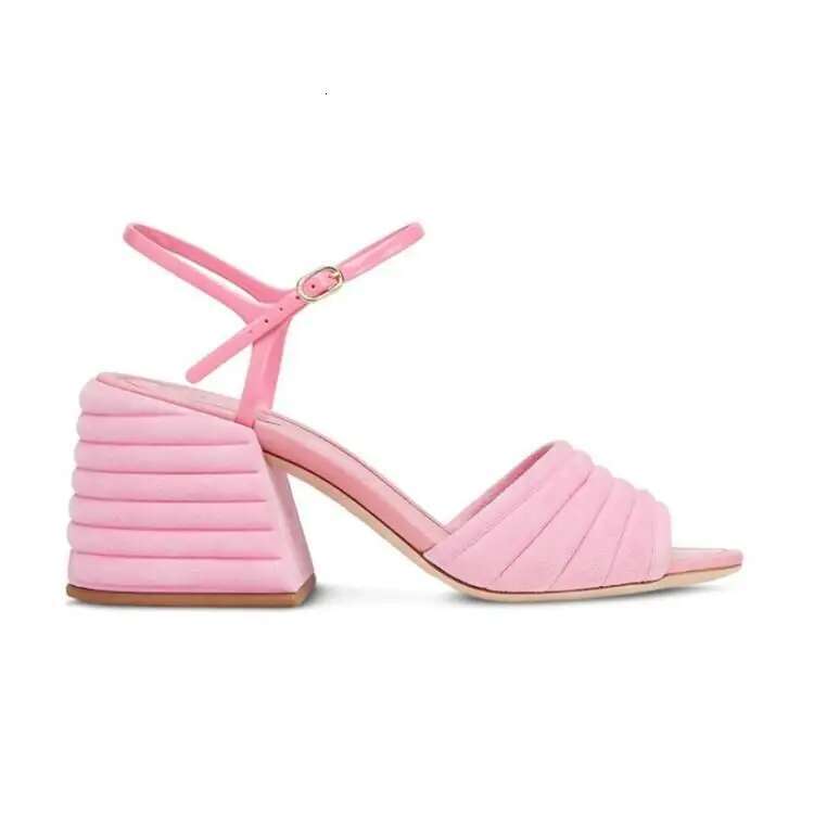 Pink High Heels Sandals Fashion PU Leather Peep Toe Chunky Heel 6CM Woman Concise Ankle Buckle Shoes Elegant Summer New