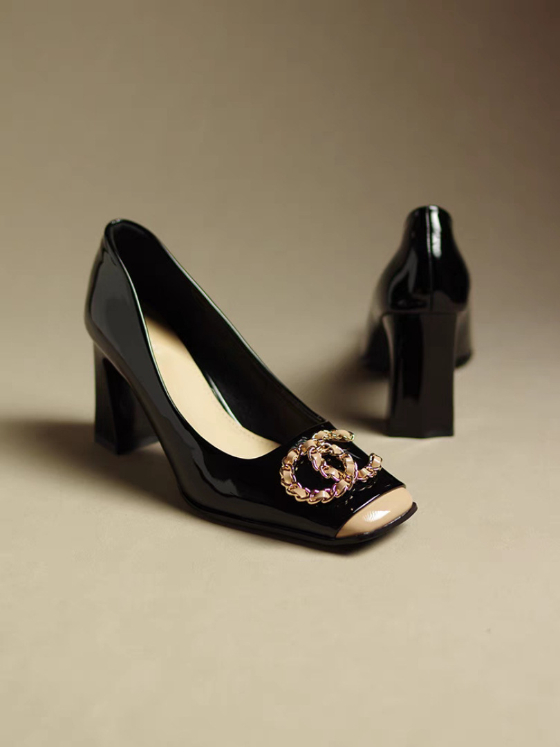 Square head chunky heels 2025 new black patent leather with skirt in the single shoes spring and summer all match gentle shoes