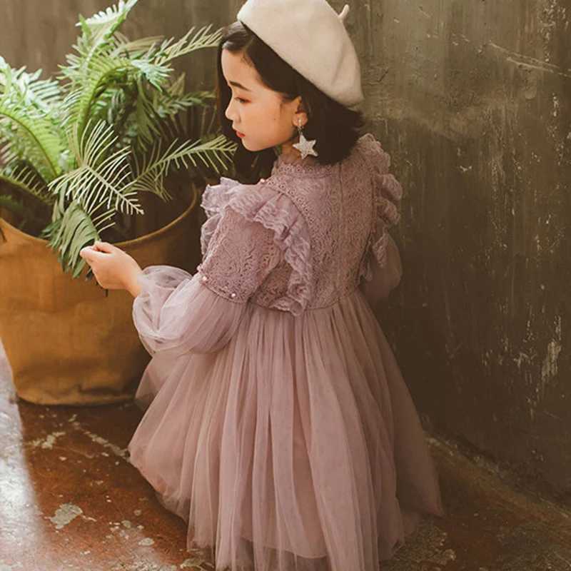 Spring and Autumn Girls Dress Lantern Sleeve Lace Mesh Pearl Sweet Fashion Little Princess Dress 3-12 Year Christmas Childrens Clothing W250326