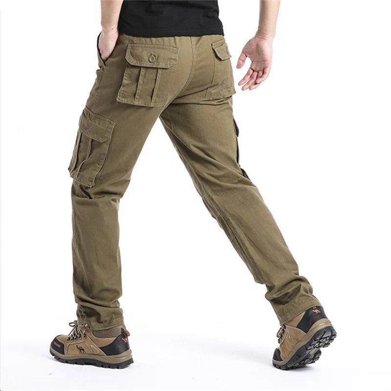 Large pocket loose mens outdoor sports jogging tactical pants elastic waist pure cotton casual work 250326