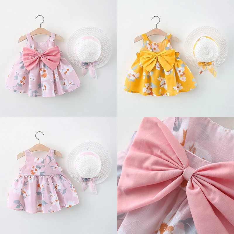 Summer New Floral Beach By Baby Girl Dress Sweet Bow Childrens Clothing With Free Hat(9 Months - 3 Years Old) W250326