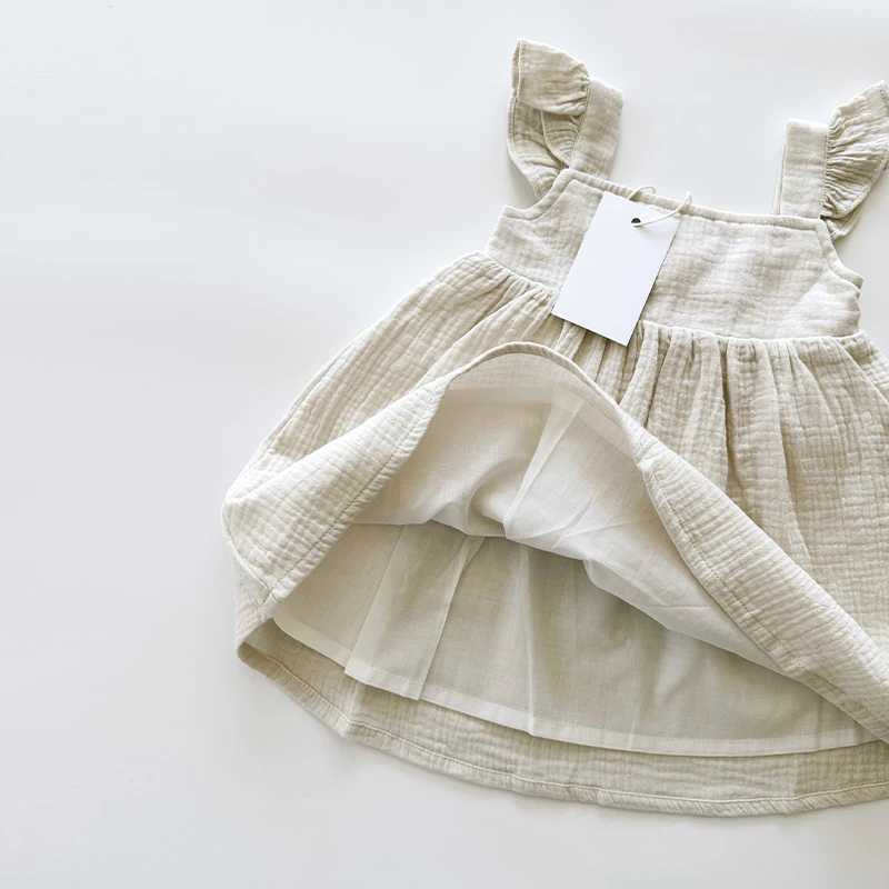 100% pure cotton plain weave girls white dress with lace summer new retro baby girl sleeveless ruffled shoulder straps Flowy princess dress TZ385 W250