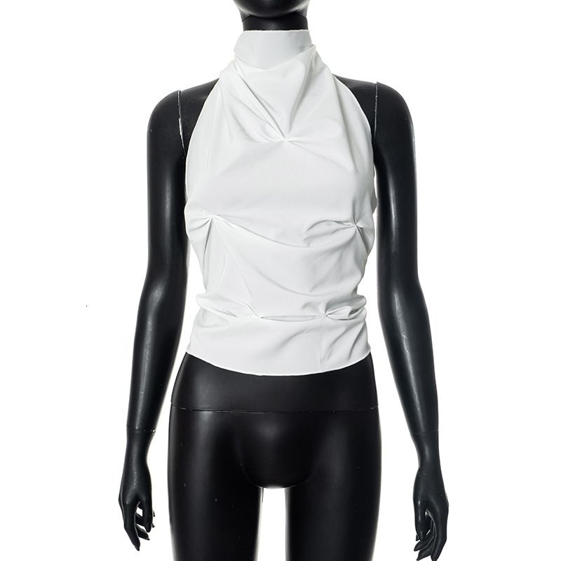 2025S Fashion Designer F TP Women S Autumn And Winter Hanging Neck Tied Bow Hollow Out Backless Pleated Crop Top T Shirt