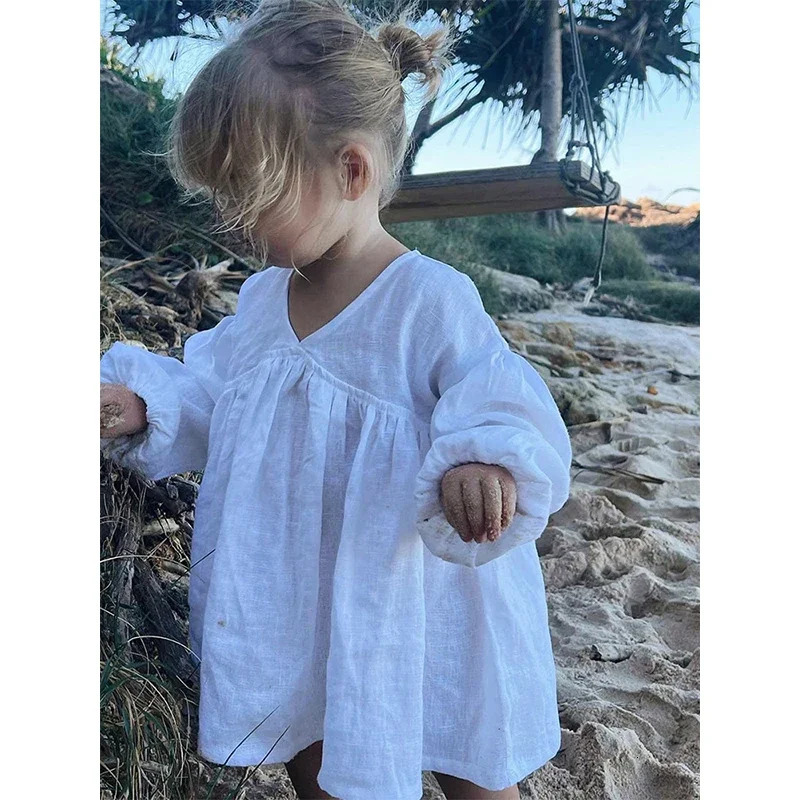 Girls White Linen V-neck Long-Sleeved Dress Spring And Summer Baby Girl Mori Beach Cotton Linen Casual Loose Dresses 250326