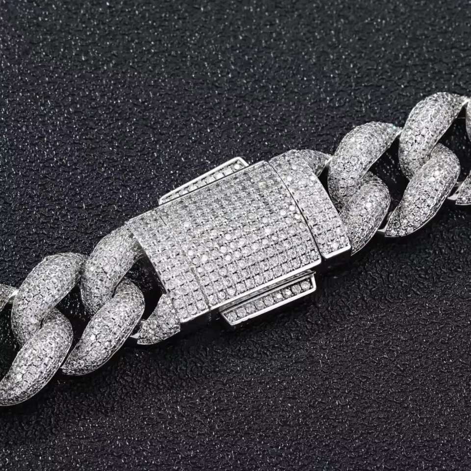 18mm Iced Out Cuban Link Chain 18K White Gold Plated Bling Moissanite Diamond Chain Available at Affordable Prices
