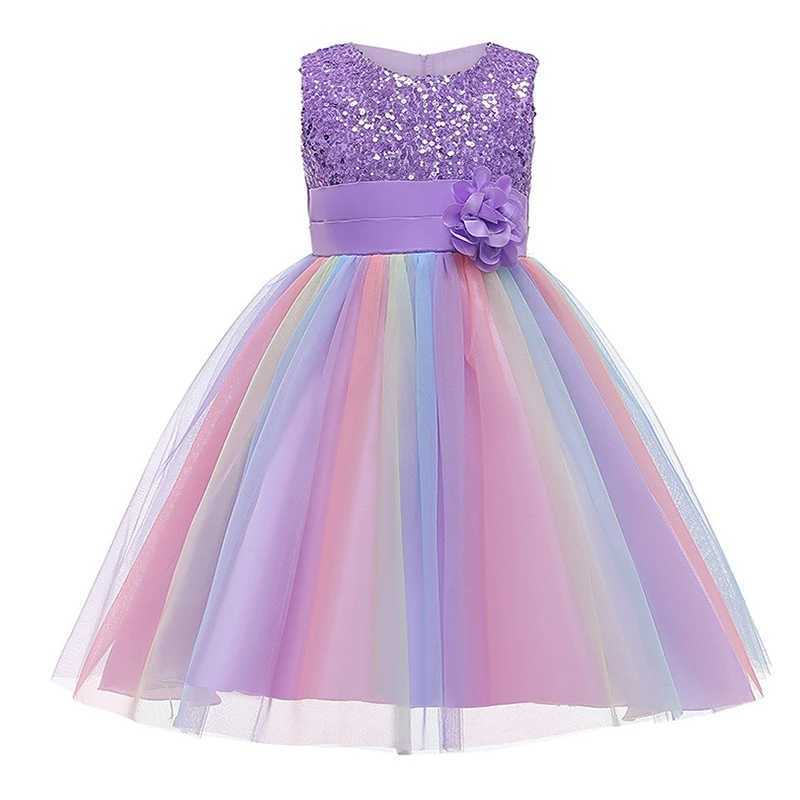 2025 sequin girl dress summer floral fashion rainbow net little princess dress piano performance costume childrens clothing W250326