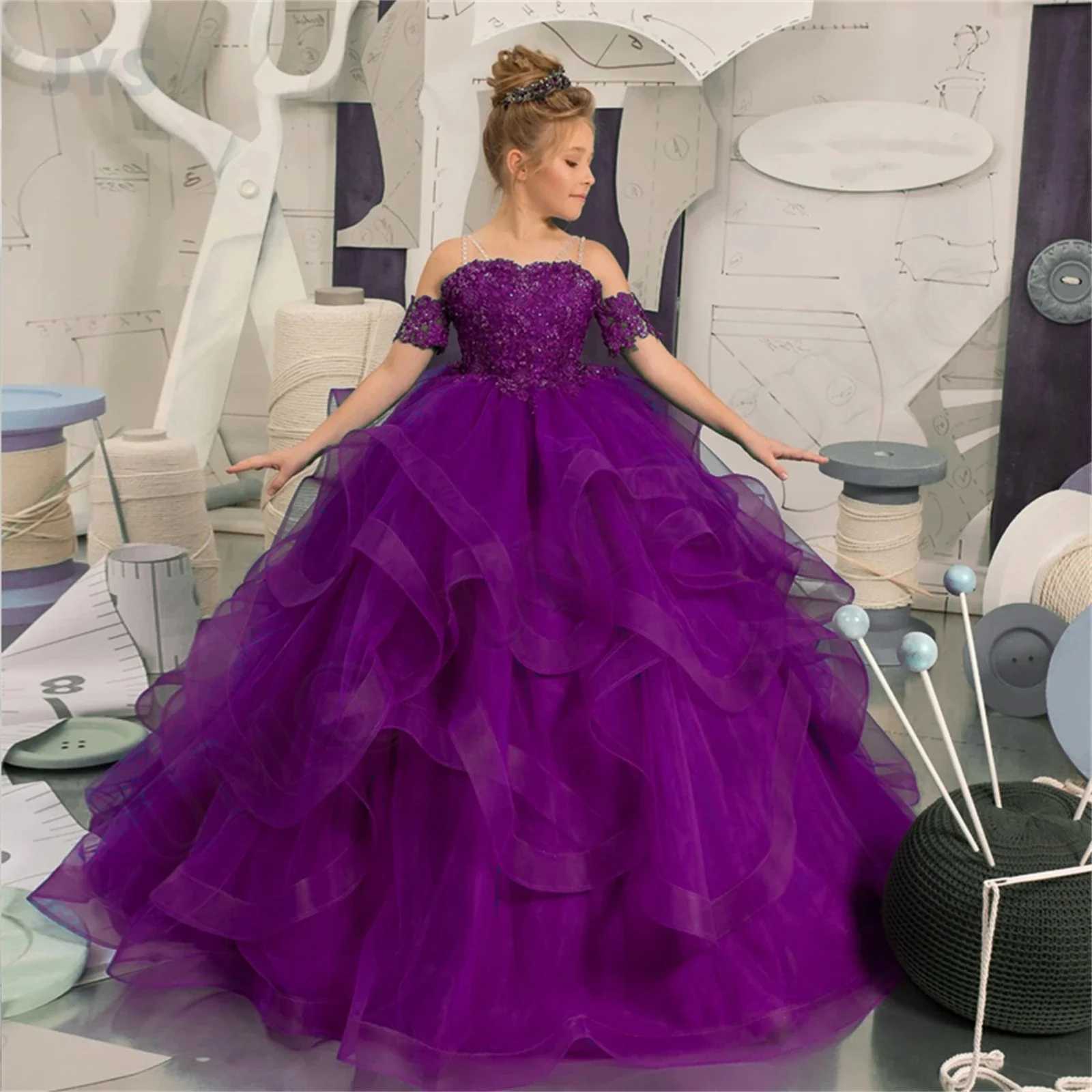 Customized floral girl dress ball dress sheer shoulder birthday wedding Par dress sweet 16 first piece of Communion dress W250326