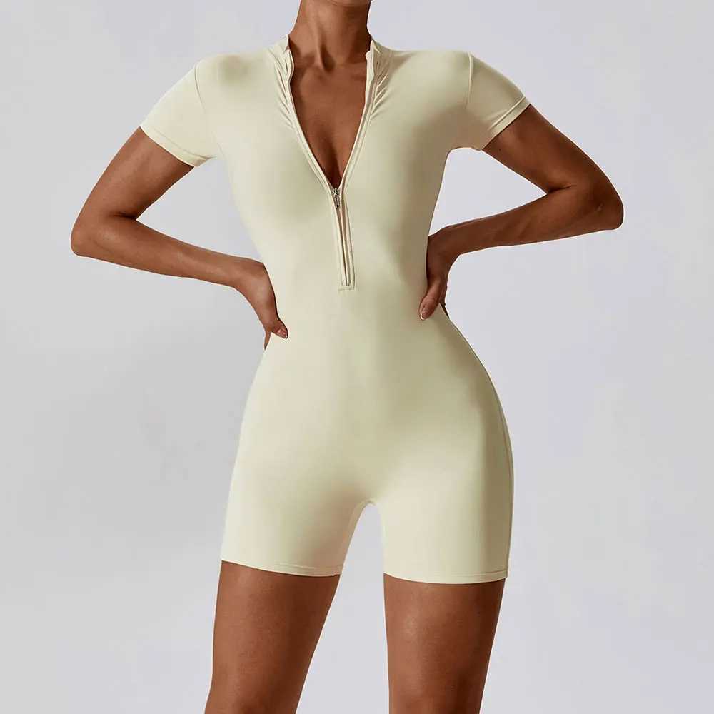 Summer zipper jumpsuit short sleeved yoga bodysuit womens yoga suit gym track and field suit push up training suit dance fitness suit W250326