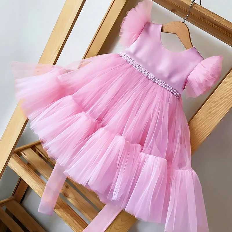 Pink childrens girl wedding dress baby dress Pageant girl Par princess birthday dress childrens clothing bow lace dress elegant vest W250326