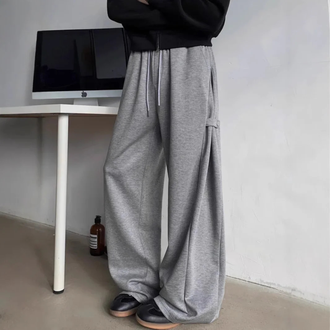 Grey heavyduty mens pants springsummer American style streetwear straight leg wide drawstring casual sports 250326m