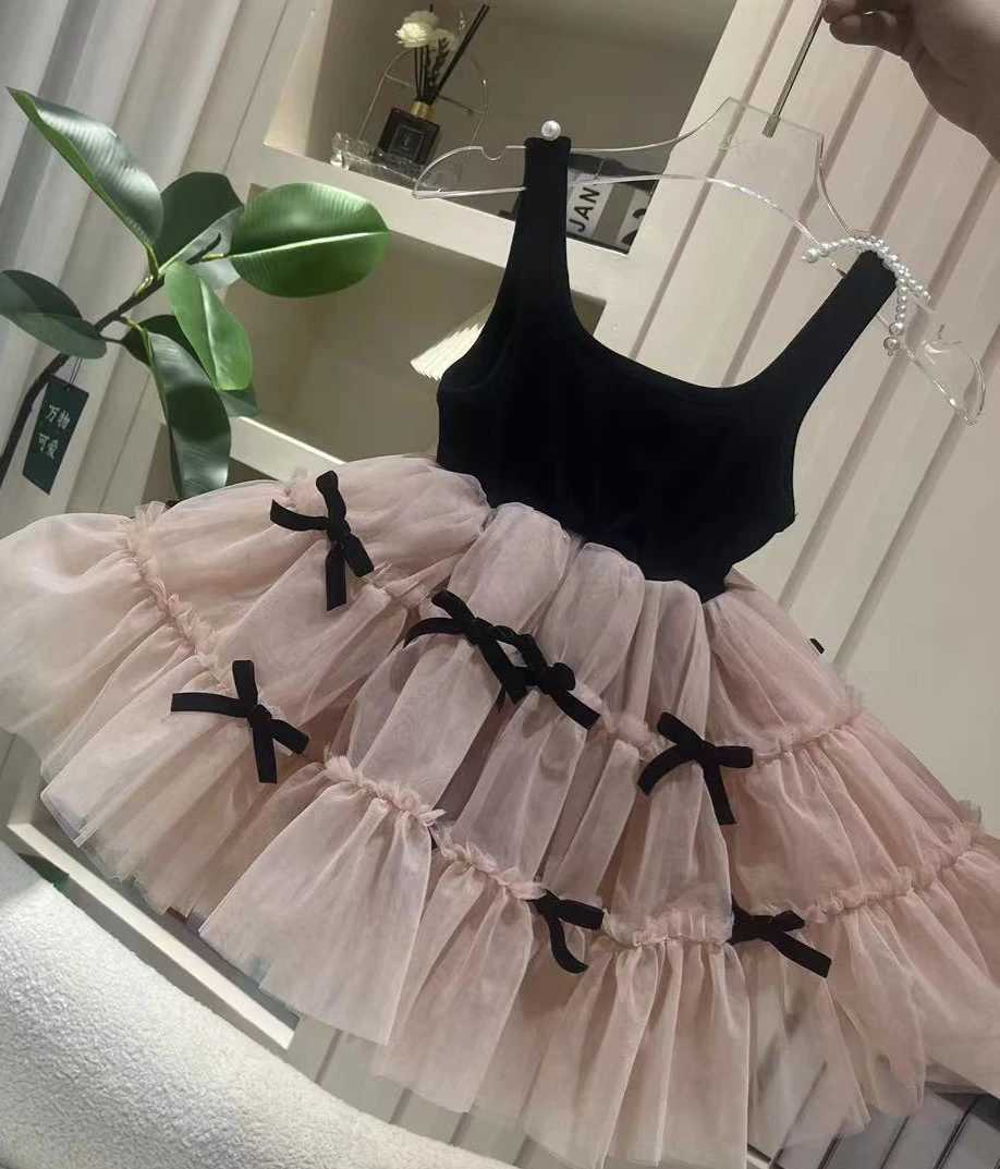 Girl 2024 Summer New Bow Dress Girl Sleeveless Black Pink Princess Dress Cute Clothes for Preschool Girls W250326