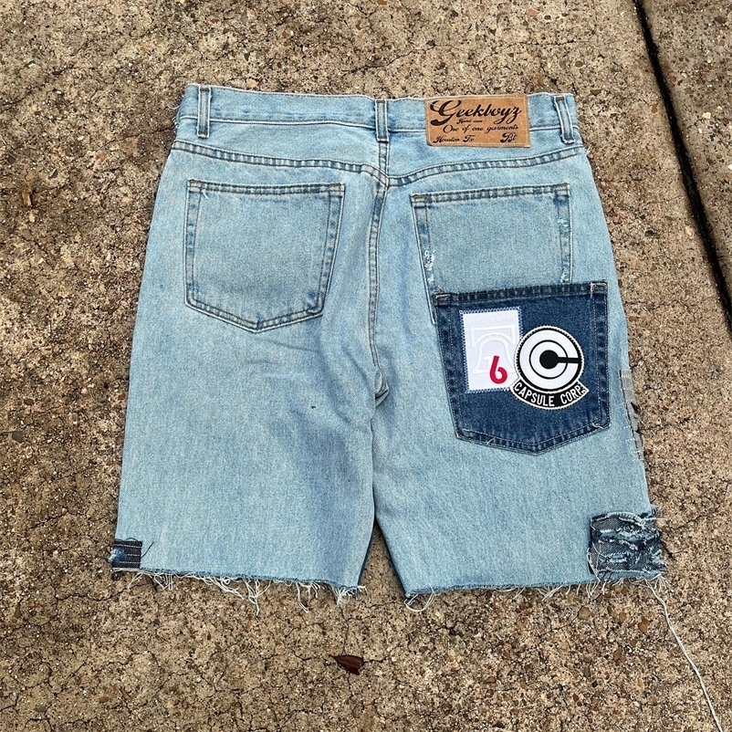 Men Women Hip Hop Cartoon Pattern Patchwork Shorts Retro Blue Baggy Gym Short Y2K Street Basketball Jorts Jeans 250325
