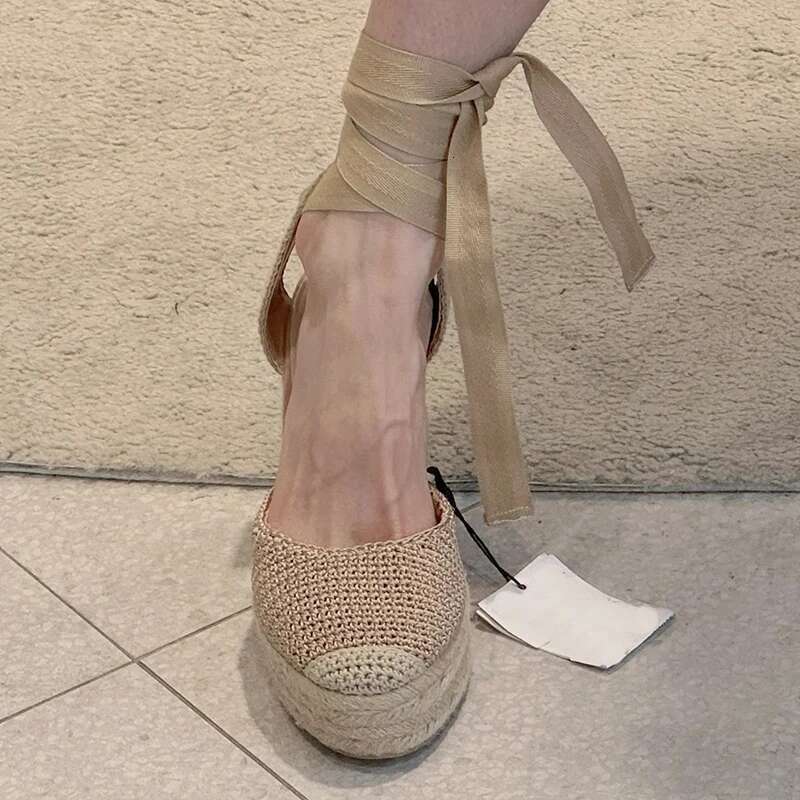 Wedges Platform Sandals Espadrilles Ankle Lace Up Round Toe Hollow Vintage Holidays Shoes Sgback Unique Women Summer Footwear