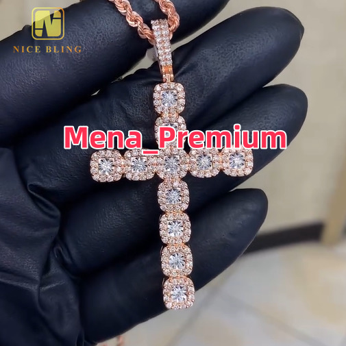 Rose Gold Plated Custom Hop Jewelry Cross Pendant Iced Out Diamond 925 Sterling Silver Full VVS Moissanite Pendant Necklace