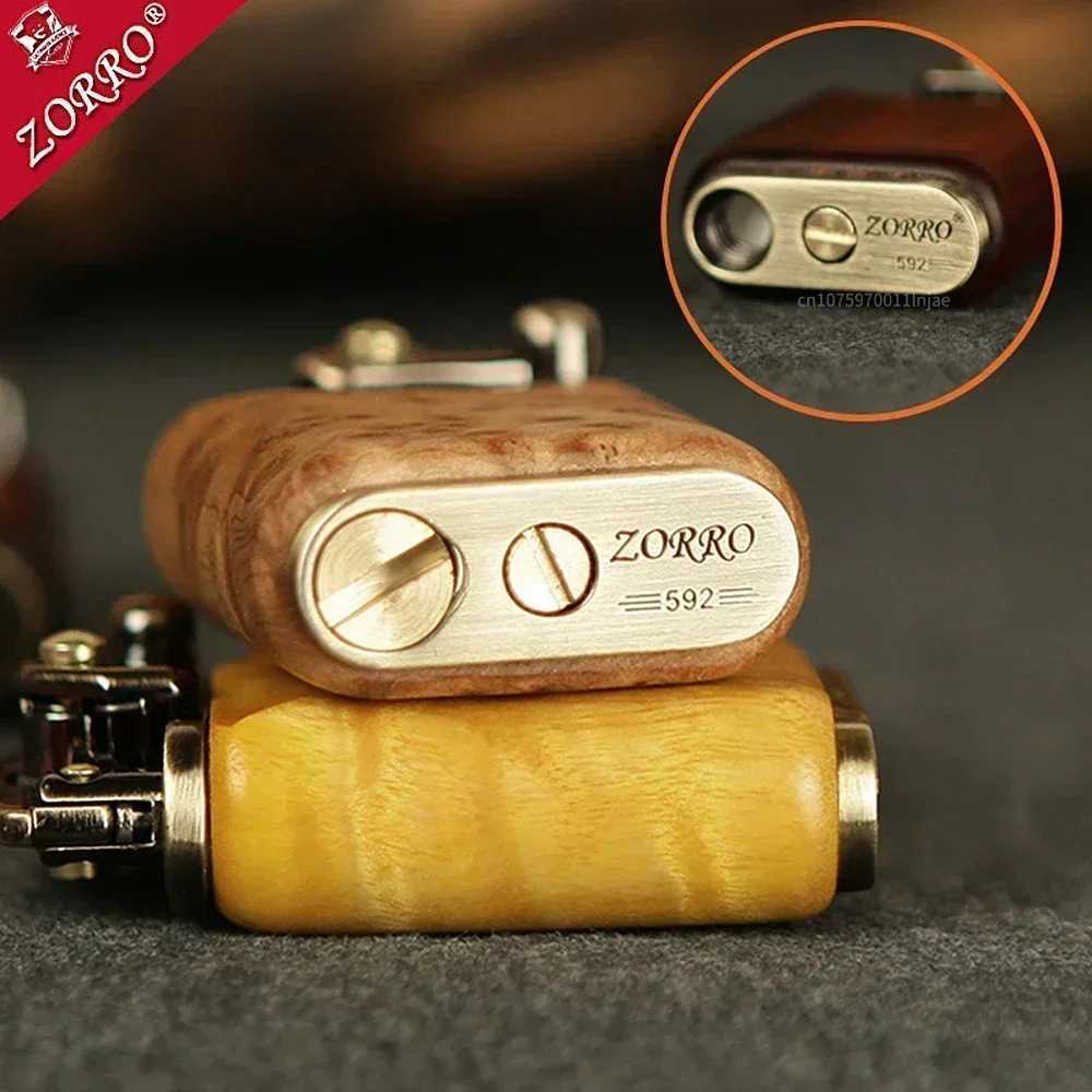 2025 Rosewood Wooden Zorro Rocker Kerosene Lighter Retro Copper Old Nine Doors Creative Mahogany Cigarette Lighter Mens GiftC250326