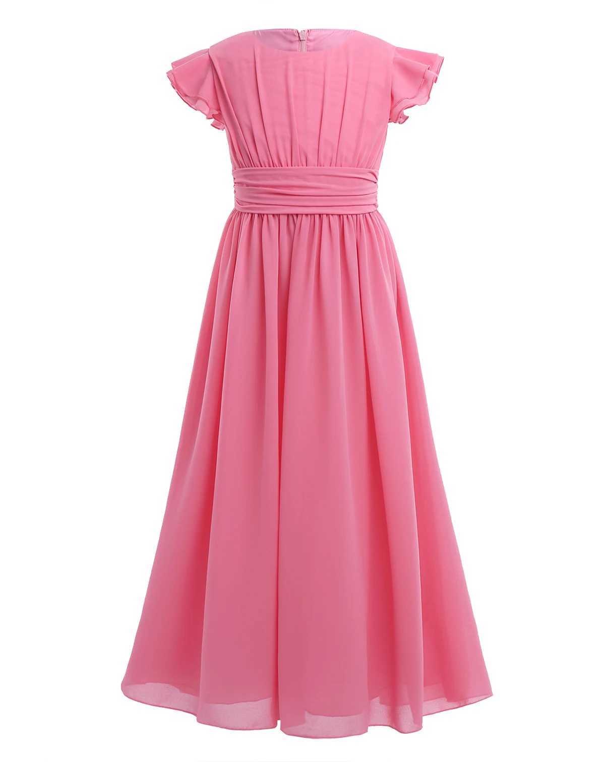 Childrens princess summer dress with pleated sleeves floral chiffon dress for girls Pageant wedding Par dance dress long skirt W250326
