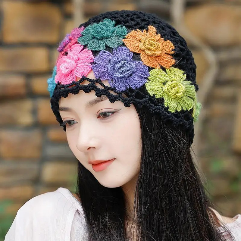 Japanese Spring Summer Literary and Artistic Colorful Flower Hollow Bag Head Hat Women Sweet Fashion Hand-crocheted Beanie Cap 250321
