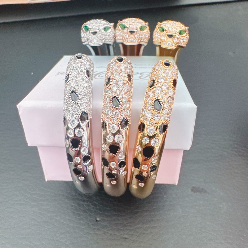 hion Panther Bangle Plated Gold Diamond Inlay Black Enamel Spots Green Eyes Leopard Head Open Cuff Ladies Sterling Silver Bangle S Z250910