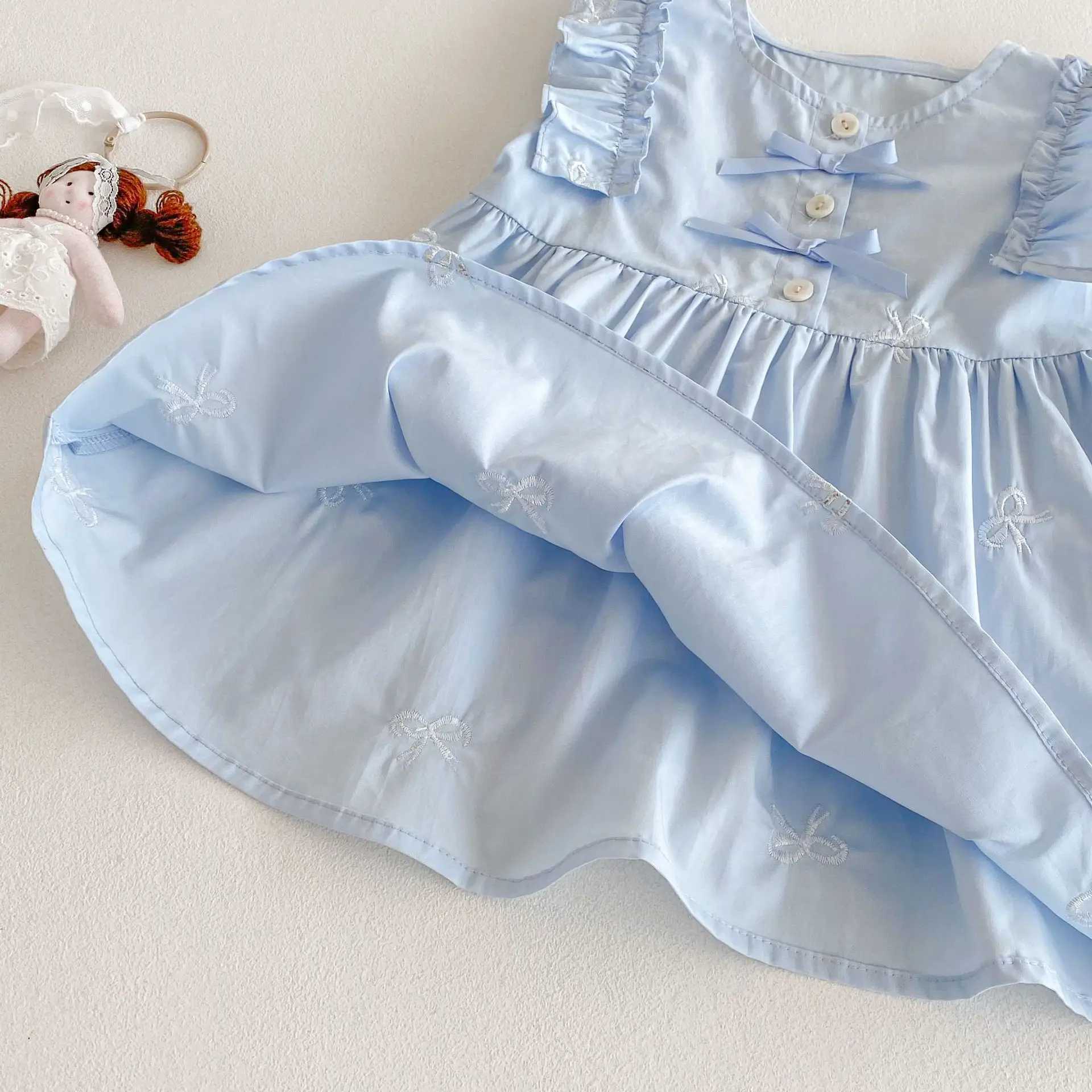 Girls Sweet Solid Color Dress 2025 Summer New Style Ruffle Shoulder Bow Embroidered Loose Childrens Dress W250326
