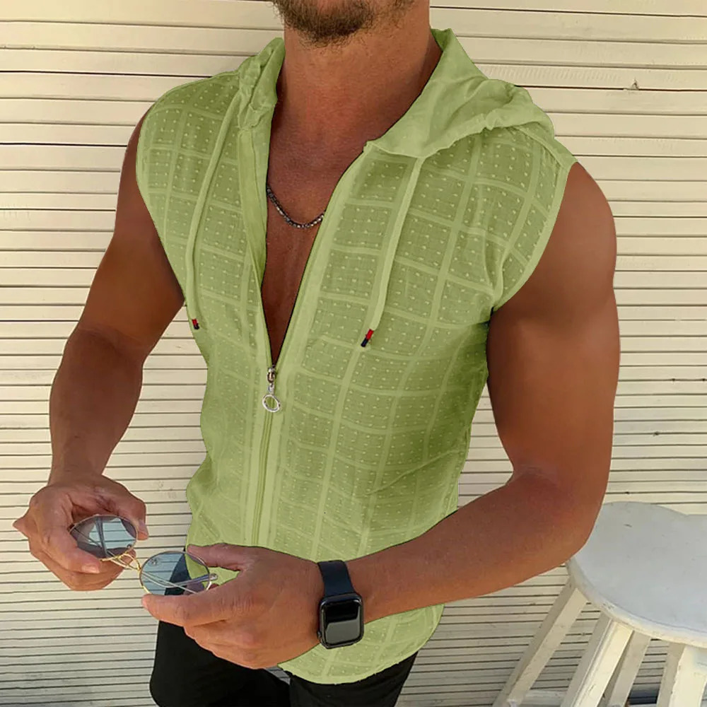2024 summer smooth zipper sleeveless hooded Cardigan Tshirt mens slim fit sports breathable fitness top 250326