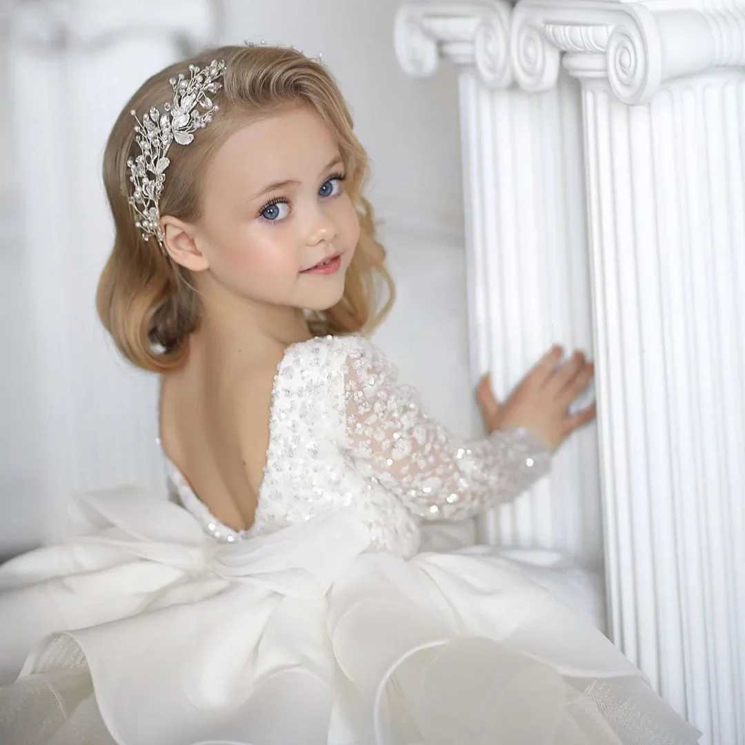 Customized floral girl dress pagan birthday communion dress ivory chiffon satin sequins bow tie long sleeves for weddings W250326