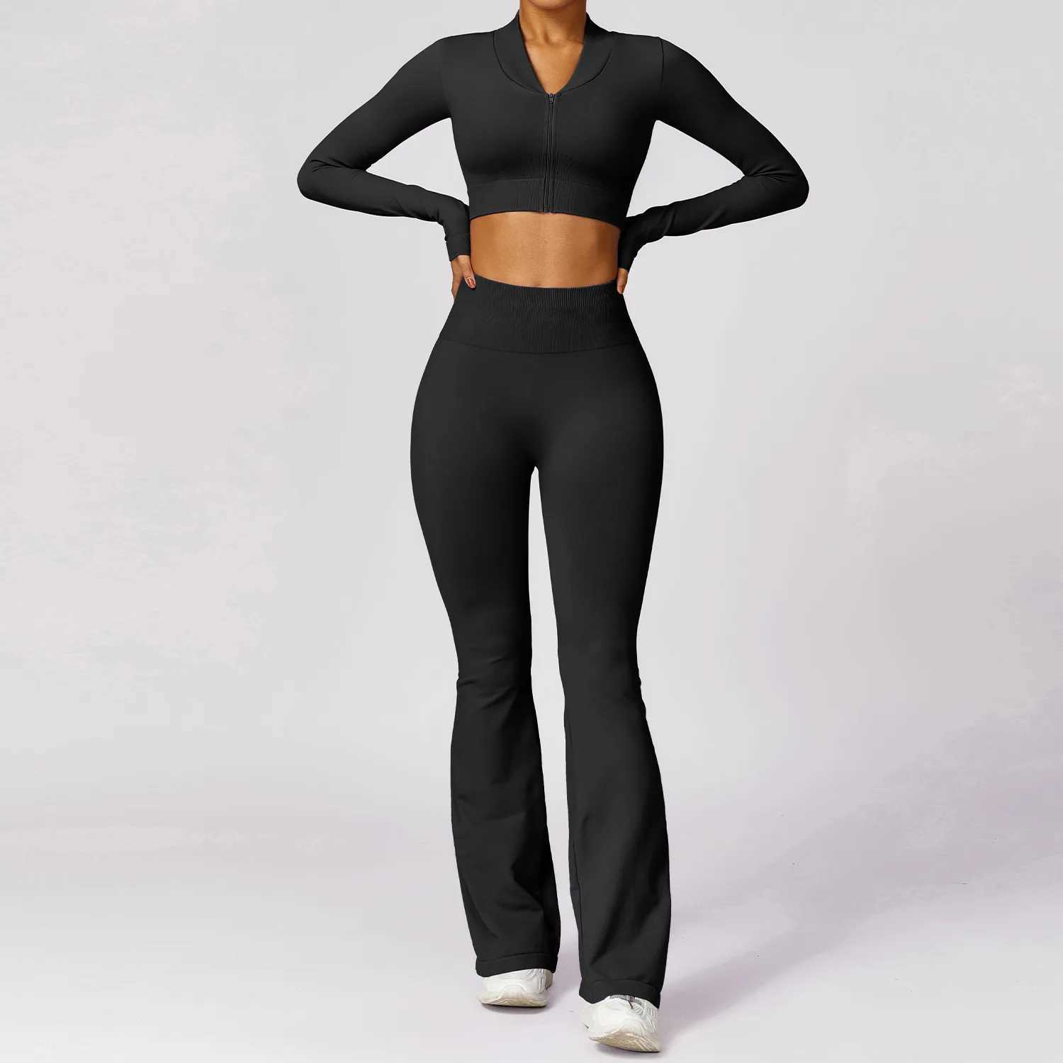 2PCS seamless yoga set gym clothing sports jacket yoga set womens fitness set track and field suit zipper long sleeved exercise leg W250326