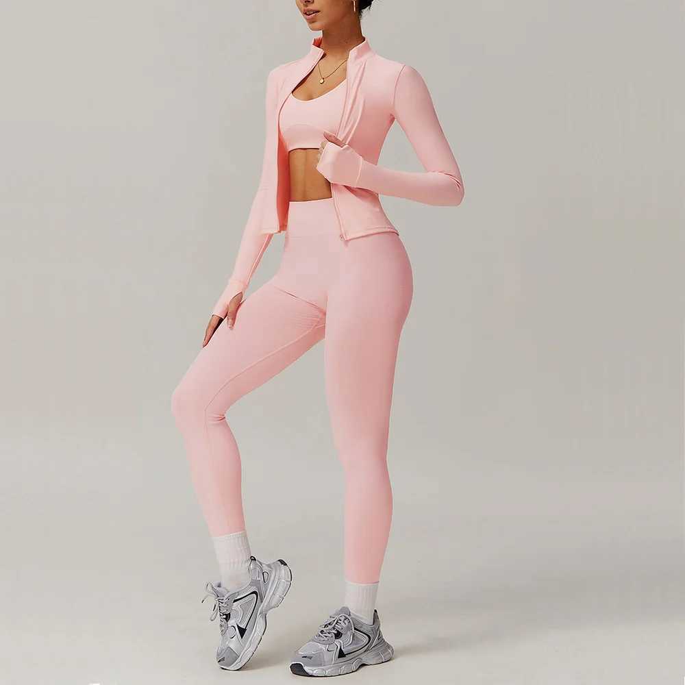 Yoga set 2PCS sports set womens gym set womens track and field suit running exercise zipper long sleeved yoga suit sportswear W250326