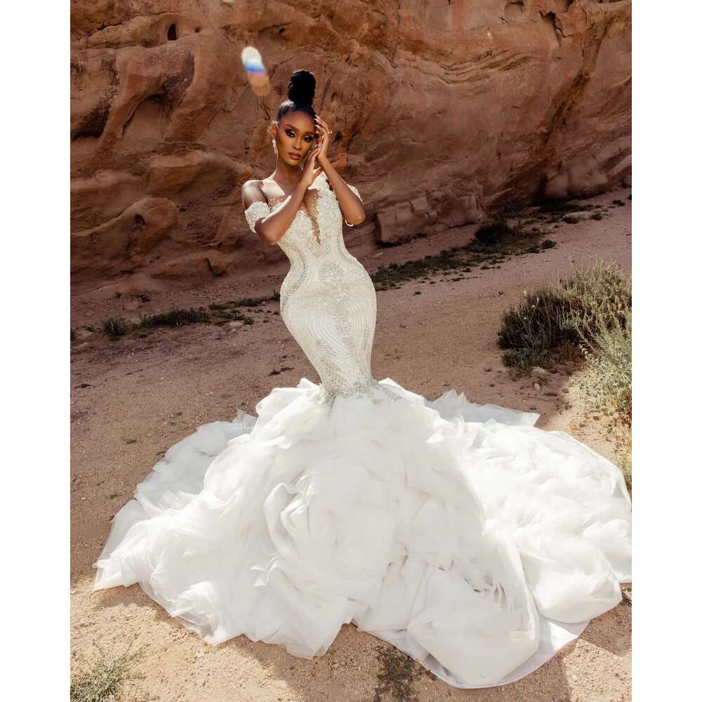 Elegant Arabic Aso Ebi Mermaid Ivory Wedding Dresses Beaded Crystals Lace urious Off The Shoulder Bridal Gowns Dress