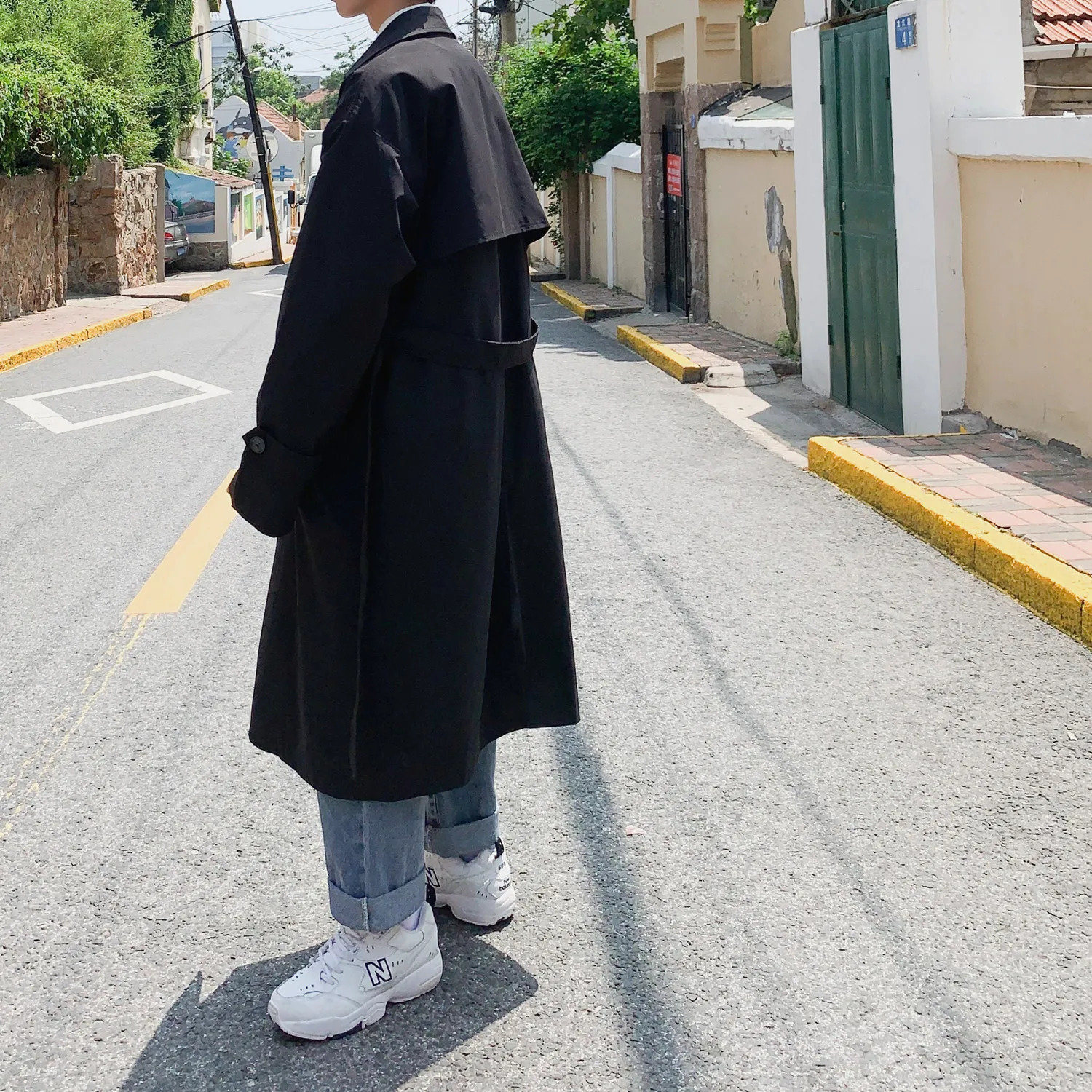 Korean spring trench coat mens street clothing windproof trench coat mens solid business casual loose long coat 250324