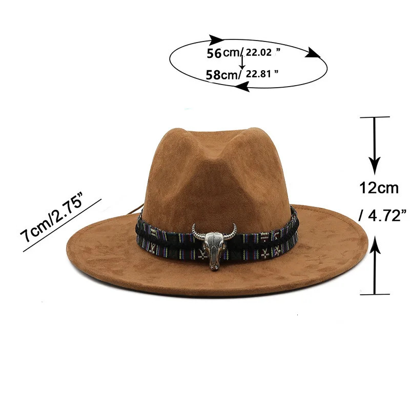 Suede Fedora Hat Mens Bullhead Accessories Western Cowboy Sun Hat Womens Fashion Top Jazz Hat Fedoras Chapeau Sombrero Mujer 250325