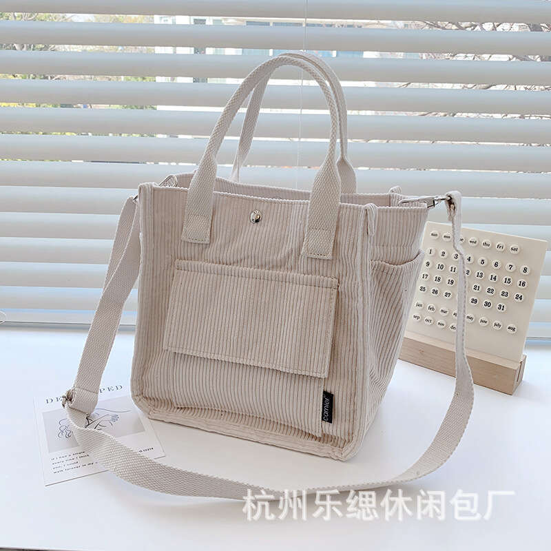 Autumn winter corduroy multi pocket bento lunch box bag, simple versatile, hand-held and crossbody tote bag