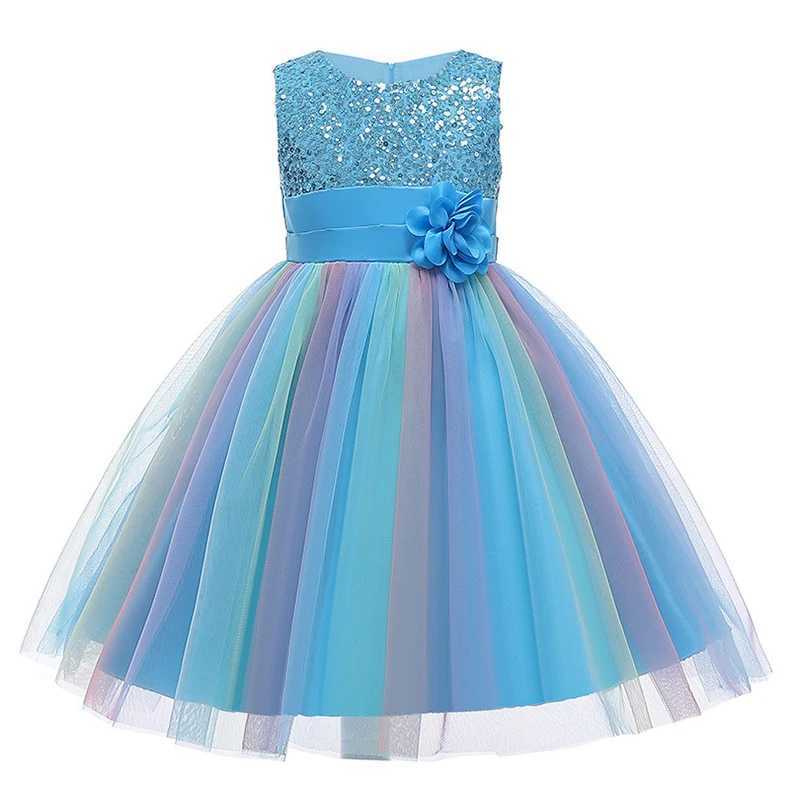2025 sequin girl dress summer floral fashion rainbow net little princess dress piano performance costume childrens clothing W250326