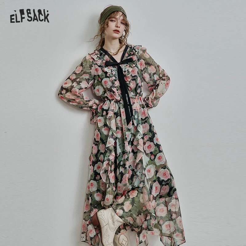 ELFSACK 2025 Spring New Arrivals French Elegant Print Bow Tie Chiffon Pleated Ruffles Vacation Long Dress
