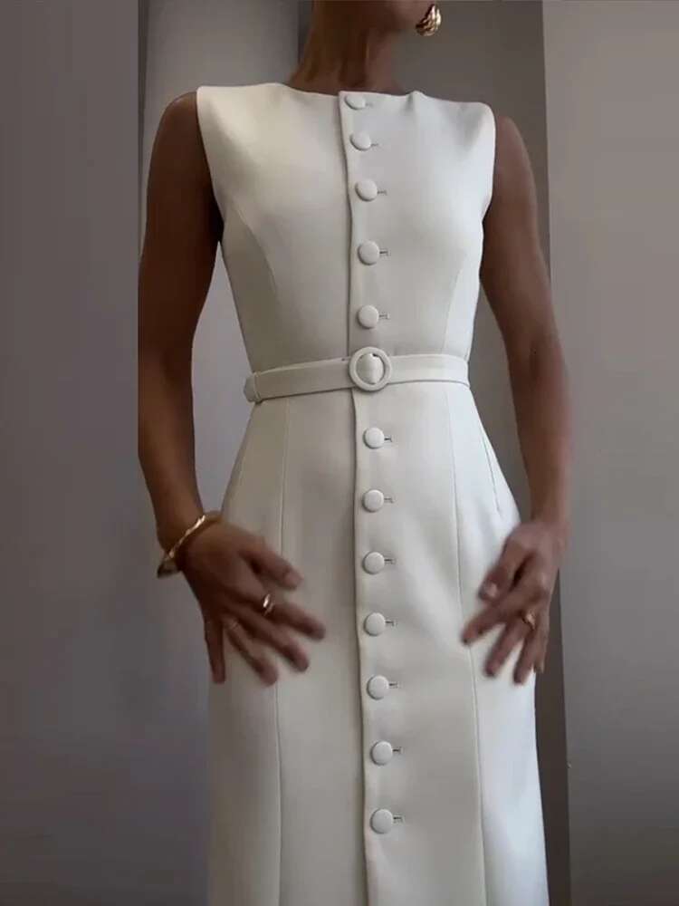 Elegant Single Breasted Sleeveless Midi Dress Women Belts O-Neck Slim Solid Dresses Spring New Chic Commute Lady Split Robe