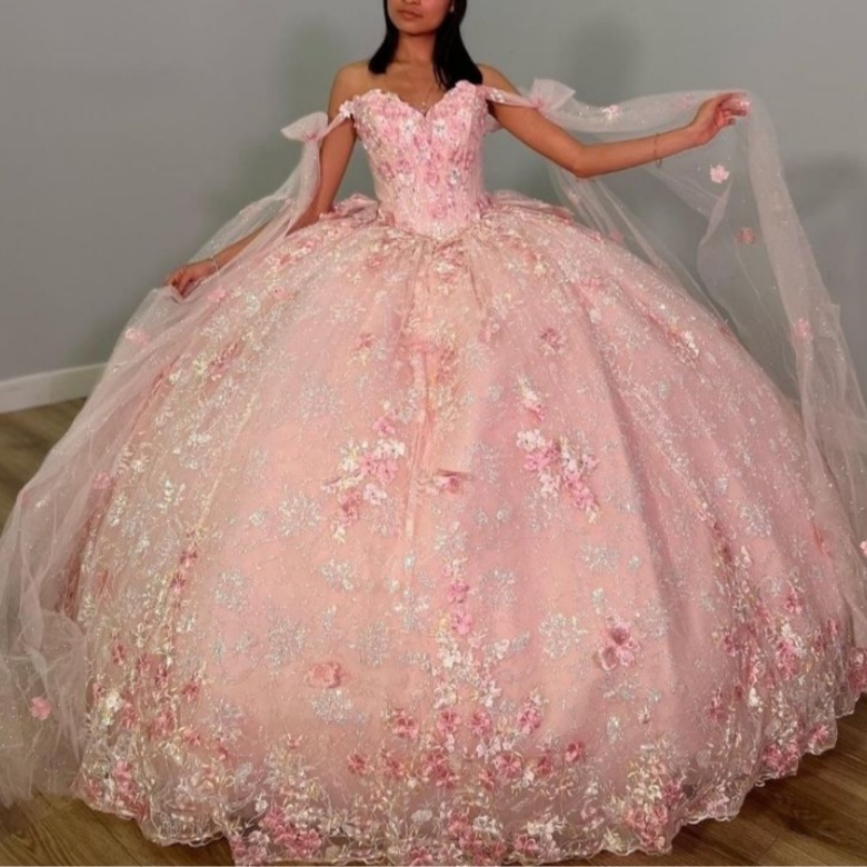 Pink Shiny Princess Sweetheart Ball Gown Quinceanera Dresses Off the Shoulder Beads Sequin Appliques Flower Party Birthday Vestidos De 15 Anos
