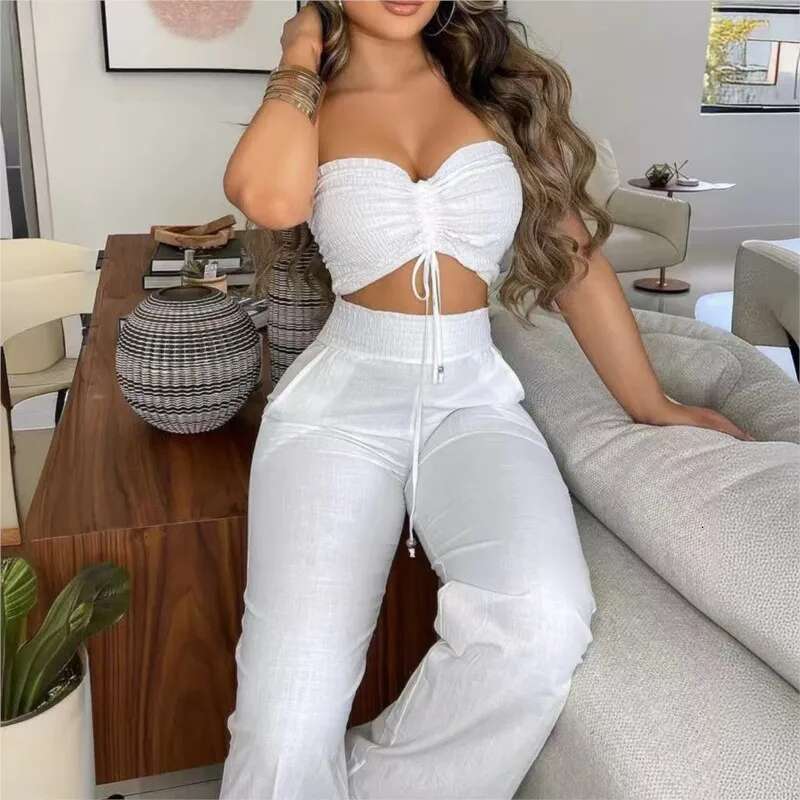 Sexy Women's 2-piece Sets Spring Summer White Waistless Slim-fitting Bandeau Wide-leg Trousers Fashion Suit Women Clothing