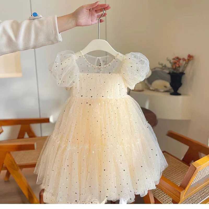 Summer dress for girls elegant dress for girls baby bubble sleeves mesh sequin dress temperature princess Par short sleeved dress W250326