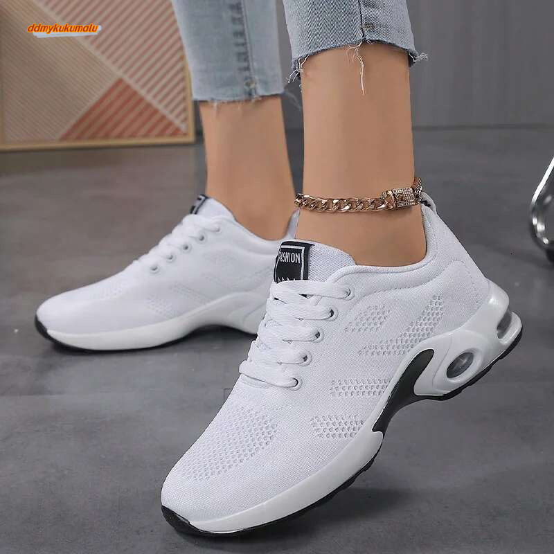 Women Air Cushion Sneakers Mesh Running Sport Lace-up Training Walk Flat Solid Black White Red Shoes 2024 New ddmykukumalu