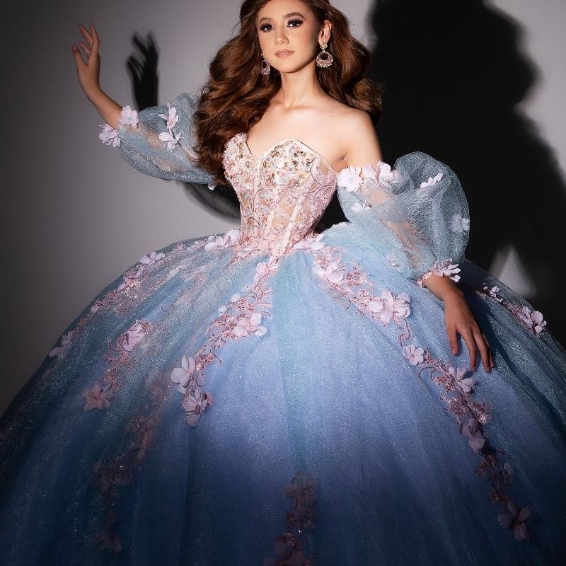 Sky Blue Shiny Sweetheart Sweet 16 Year Old Quinceanera Dresses Appliques Flower Beads Tulle Puff Sleeve Formal Dress vestidos de 15 anos