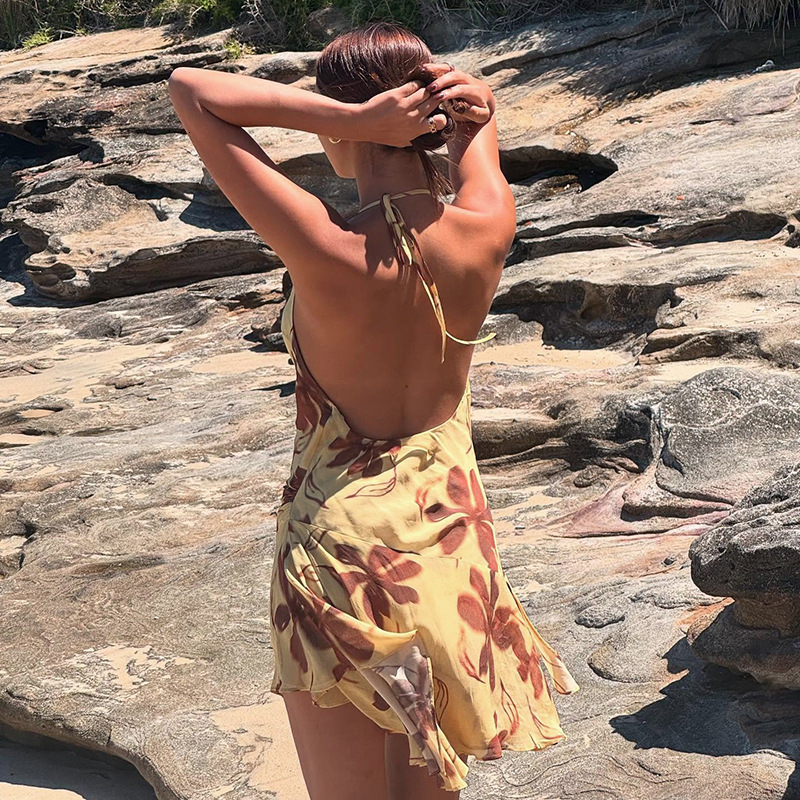 2025S Fashion Designer Y DS Women S Spring Summer New Match Color Sleeveless Swing Hanging Neck Sexy Printed Dress