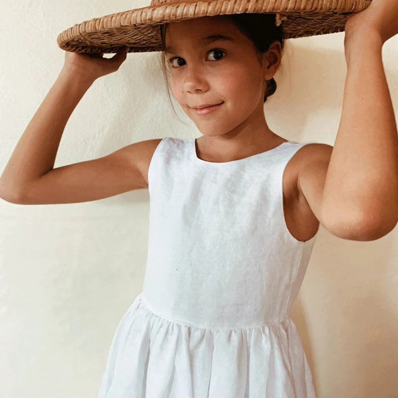 Girls Dress Summer Back Split Deep V-Neck Sleeveless Cotton And Linen Dresses TZ08 250326