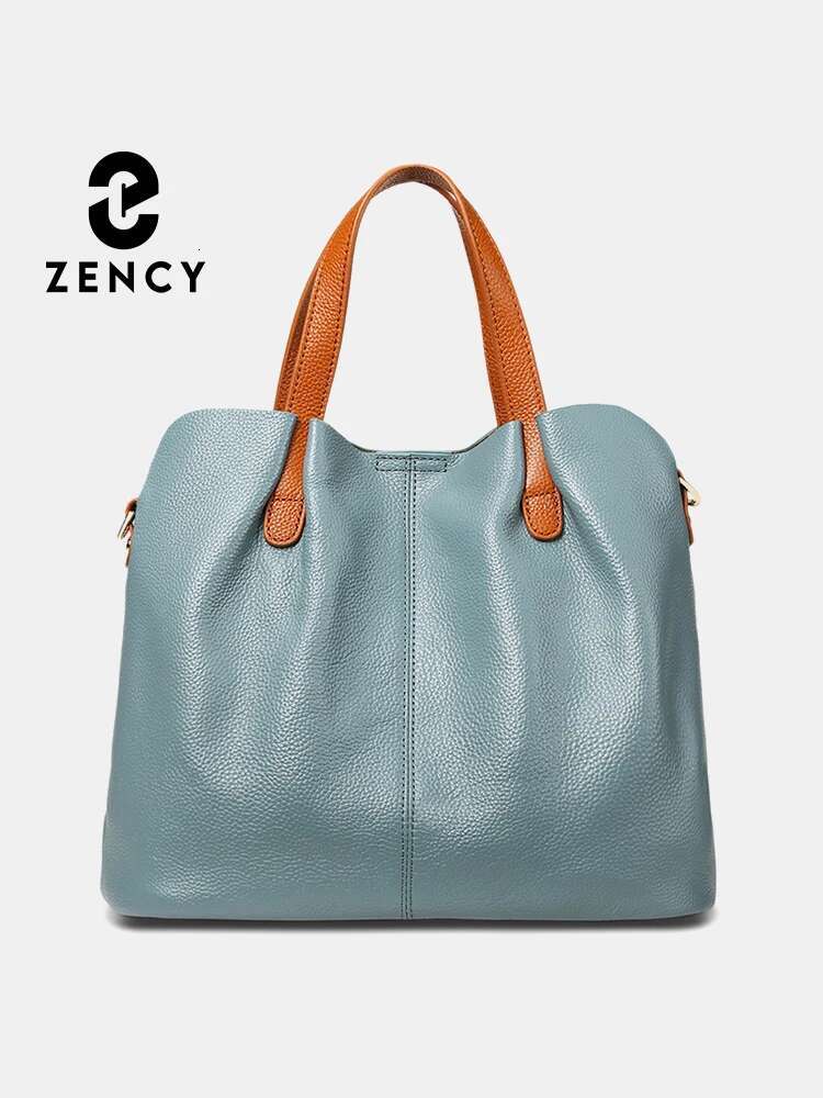 Zency Blue Genuine Leather Women Tote Bag Ruched Contrast Color Top Layer Cowhide Shoulder Crossbody Handbag Versatile Shopping