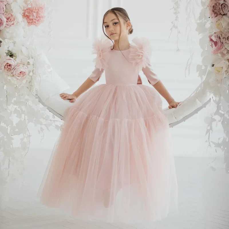Customized light pink floral girl dress with thin gauze and half sleeves with bow tie suitable for weddings birthdays parties banquets and princess dr